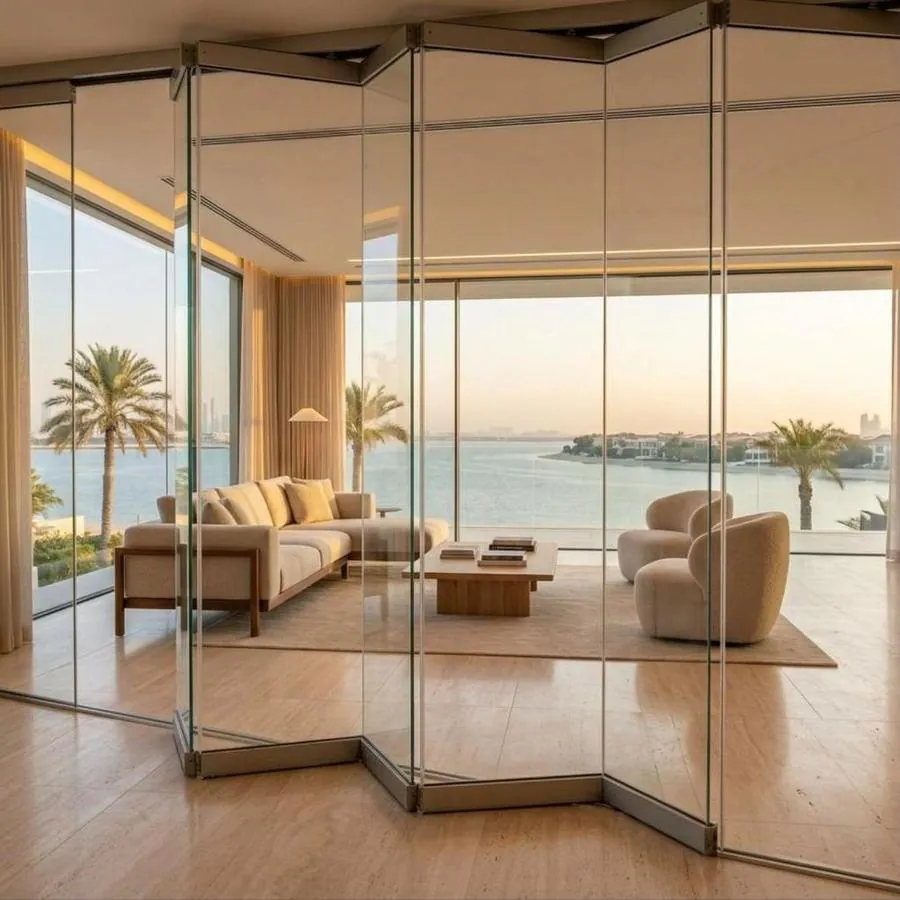 Villa living room, glass folded back